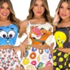 Pijamas Baby Doll Sortidos SUEDE Conjunto Feminino Personagem Cropped Ondinha Short Doll de Dormir